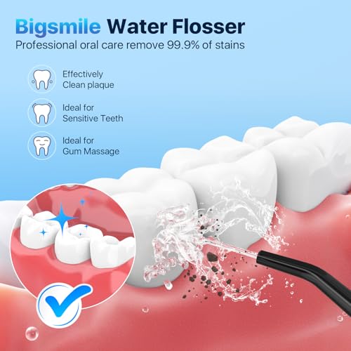 Bigsmile Portable Cordless Water Flosser Black for Travel & Kids Braces, IPX7 Waterproof
