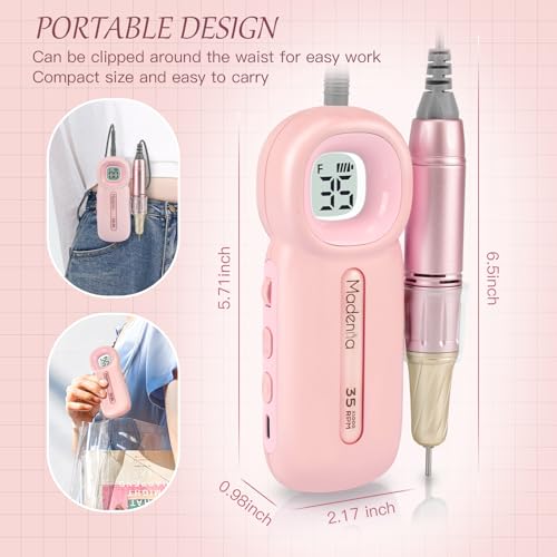 Madenia Pink Rechargeable Electric Nail Drill with LCD Screen - Professional Manicure Tool