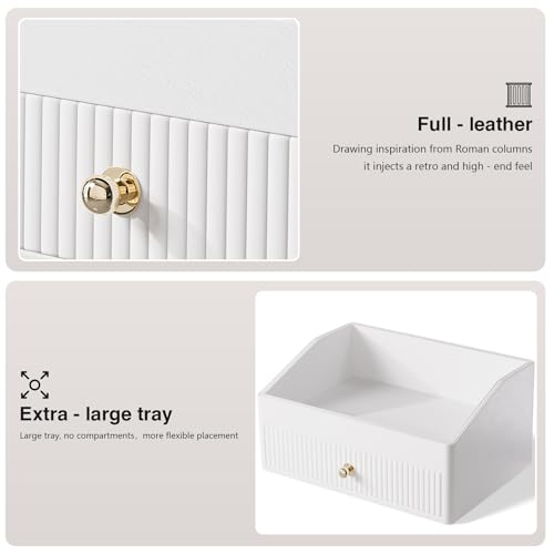 Makeup Organizer,Leather Skin Organizer with 1 Drawer&Tray,Luxury Beige White Makeup Storage for Perfume,Bedroom,Bathroom,Gifts for Women,Womens Gifts (White, 1-Drawer)