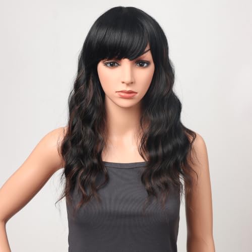 18 Inch Wavy Synthetic Wig with Bangs - Black with Brown Highlights, Heat Resistant, Natural Look, Comfortable Fit