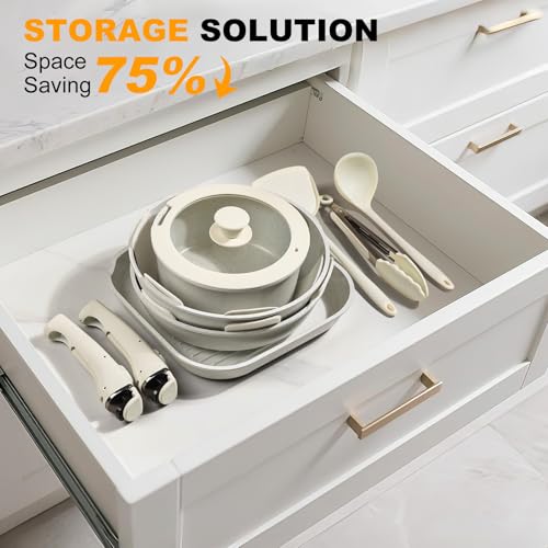 20PCS Non-Stick Ceramic Cookware Set with Detachable Handles - Oven & Induction Compatible
