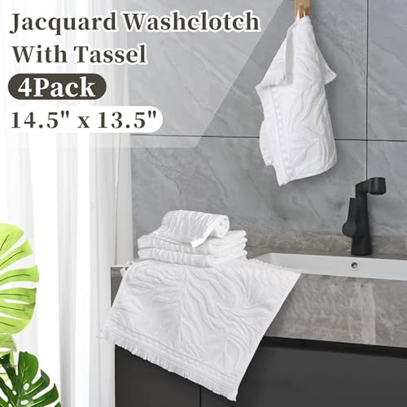 Luxury Jacquard Monstera Washcloths with Tassels, 4PC ? 100% Cotton Ultra-Absorbent & Quick Dry 13x13 Inch, Guest Bathroom & Facial Towels ? 520GSM Thick White Towel Set, Premium Bath Essentials
