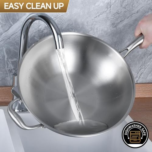 LOLYKITCH 14.5 Inch Tri-Ply Stainless Steel Wok Pan No Lid