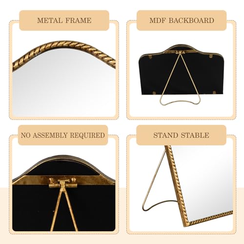Vintage Small Desk Mirror - 7.9 x 11.9 Inches with Scalloped Arched Frame - Antique Gold, 360° Rotation