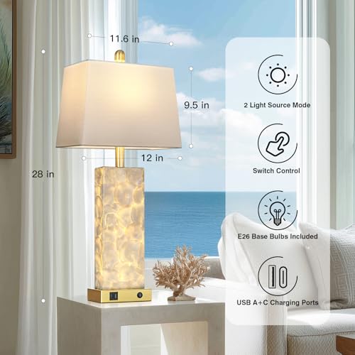28-Inch Coastal Shell Table Lamps Set of 2 - Gold Nautical Bedside Lighting with USB Charging
