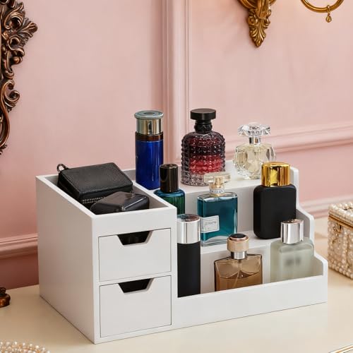 White Wooden Perfume & Makeup Organizer Countertop Rack - 2 Drawers, 3 Tiers