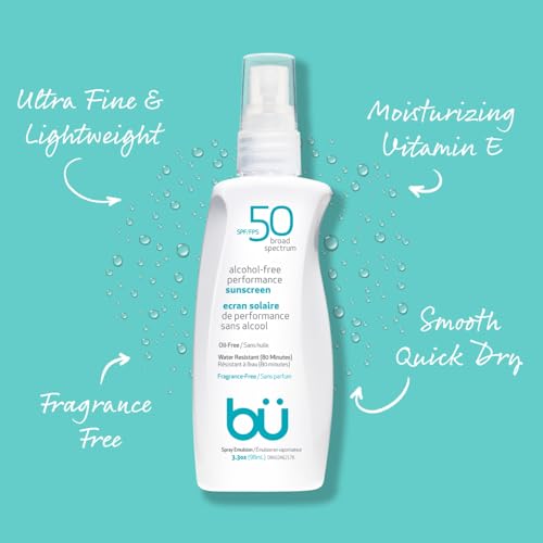 BU SPF 50 Sunscreen Spray for Face and Body, Fragrance Free, Clear Non Aeorsol, Non Greasy and Water Resistant (3-pack)