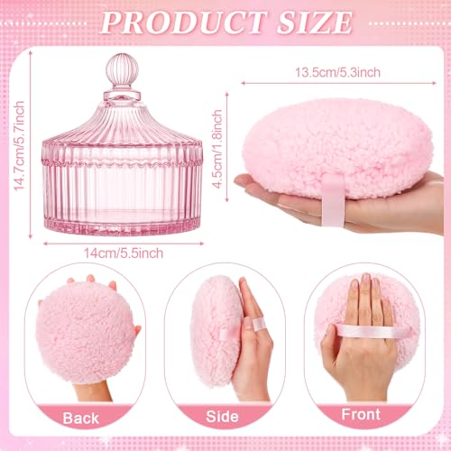 Extra Large Body Powder Puff and Container, 5.5'' Crystal Container with 5.3'' Oversize Dust Powder Puff Washable Reusable Face Body Glitter Wet Dry Makeup for Women(Pink)