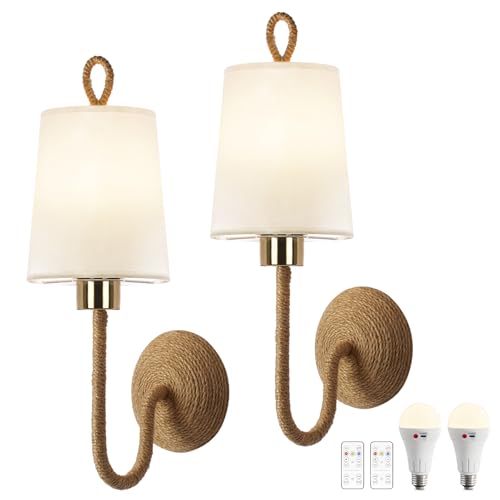 HILUXIA Set of 2 Battery-Operated Boho Wall Sconce Lamps with Remote, Rechargeable LED Rattan Gold Light Fixtures for Bedroom & Living Room