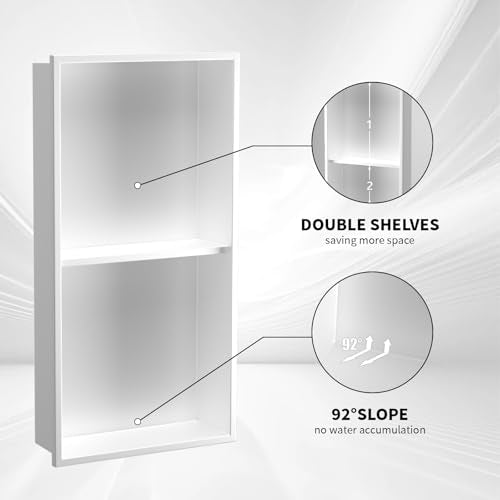 Homevacious 12x24 White Stainless Steel Shower Niche No Tile Needed, Recessed Wall Shelf