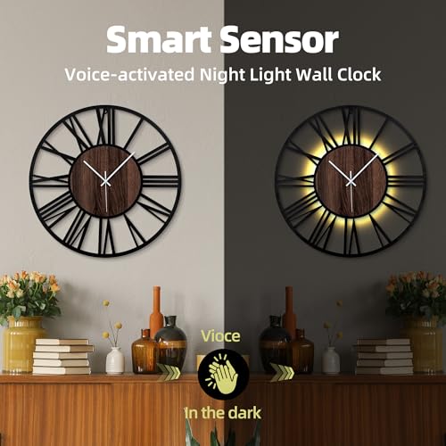 Dark Brown 30 Inch Metal Wall Clock with Voice & Light Sensor Night Light - Roman Numbers