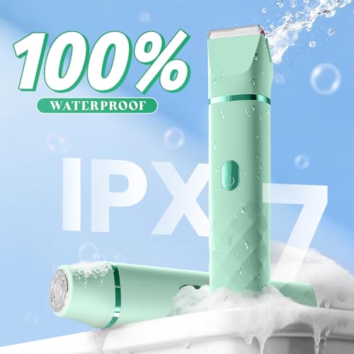 Bikini Trimmer for Women, IPX7 Waterproof, Painless Rechargeable Electric Razor Remover, 2-in-1 Facial & Pubic Hair Removal for Sensitive Skin, Portable Travel Size, Women¡¯s Gift, Green