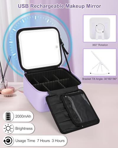 Relavel Personalized Initial Makeup Bag with LED Mirror - Purple, Monogram Cosmetic Train Case for Women & Girls - Variation C