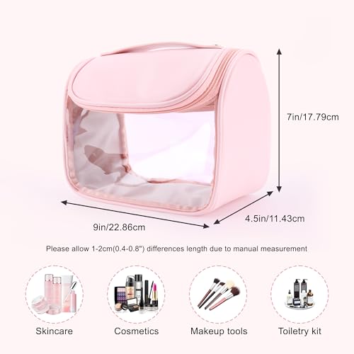 YFG Travel Toiletry Bag for Women & Men, Transparent Cosmetic Organizer with Hook, Portable, Organizer, for Travel-Sized Shampoo, makeup Accessories, Brushes Set, Conditioner, Medium Size Pink