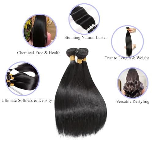 Human Hair Bundles 12, 14, 16 Inch - Natural Black, 3 Bundles Virgin Straight