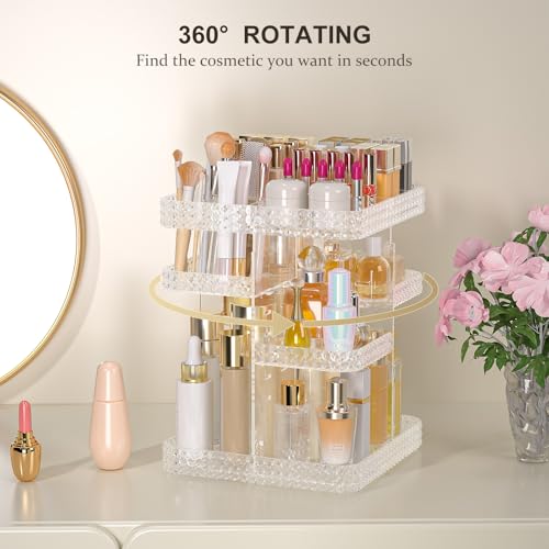 HEMTROY Clear Rotating Makeup Organizer with Brush Holder - Large Capacity Vanity Storage