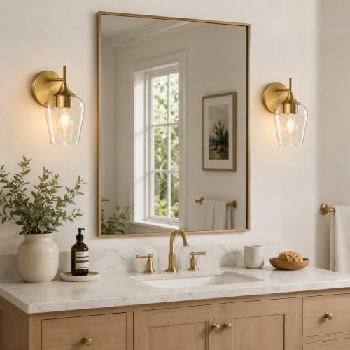 Hamilyeah Gold Brass Wall Sconce Set of 2 - Modern Vintage Bathroom & Bedroom Lighting with Champagne Glass Shades