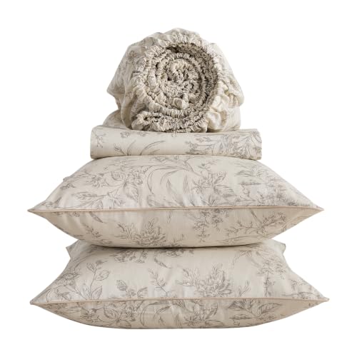 Light Beige Floral Percale Bed Sheets King Size 4-Piece Deep Pocket Set