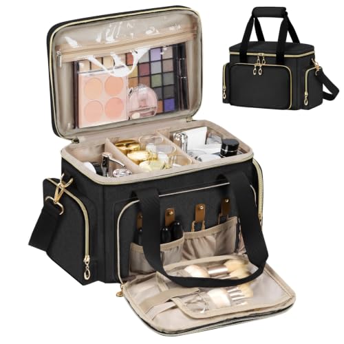 Large Travel Makeup Bag Organizer - Black, Medium Capacity, Brush Compartments