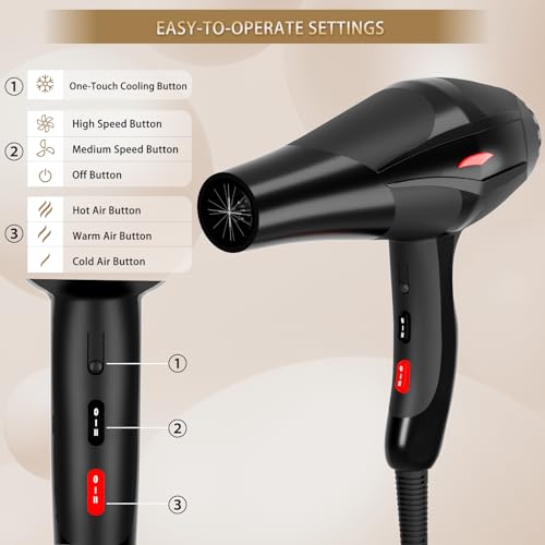 Obsidian Black Professional Ionic Hair Dryer 2400W with Diffuser - Conhaze