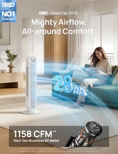 DREO 36-Inch Pearl White Smart Tower Fan with 28ft/s Velocity, 8 Speeds & Quiet Operation