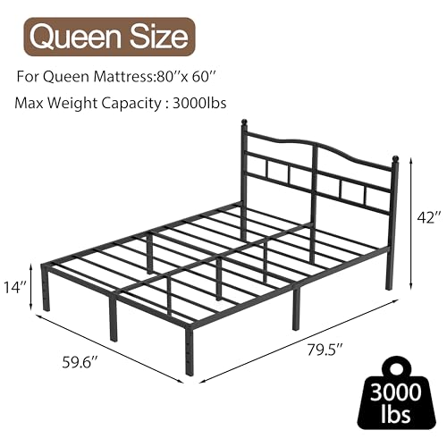 Queen Bed Frame with Headboard - 14 Inch Metal Platform Bed with Storage - Modern Black Finish - Easy Assembly, Noise-Free