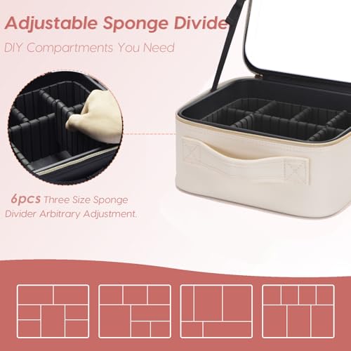 Travel Makeup Bag with LED Mirror ? Waterproof Cosmetic Train Case with Adjustable Dividers, Portable Makeup Organizer and Toiletry Bag for Women, Pink Teens & Girls Gift