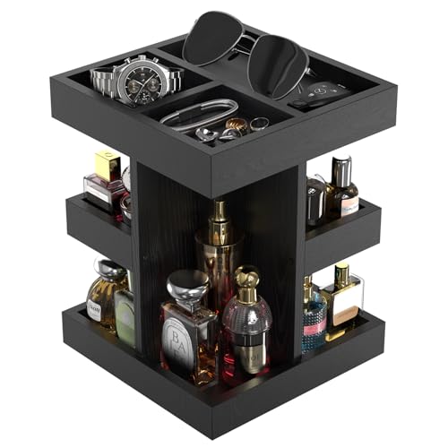 Cologne Organizer for Men Rotating Bathroom Counter Organizer, 3-Tier Solid Wood Storage Caddy, 360-Degree Rotating Stand, Burlywood (Black)