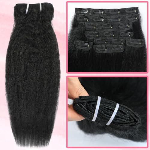 22 Inch Kinky Straight Clip-In Hair Extensions - Natural Black Brazilian Human Hair, Full Head 8pcs