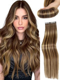 Hair Extensions T4/27 Honey Blonde Highlight 12 Inch 30g - Invisible PU Tape-in, Remy Human Hair, Beaded & Glueless - Female