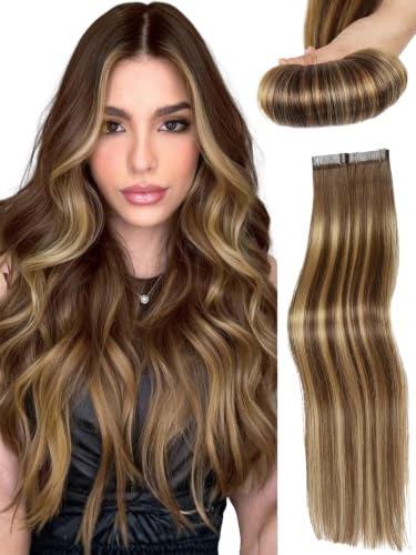 Hair Extensions T4/27 Honey Blonde Highlight 12 Inch 30g - Invisible PU Tape-in, Remy Human Hair, Beaded & Glueless - Female