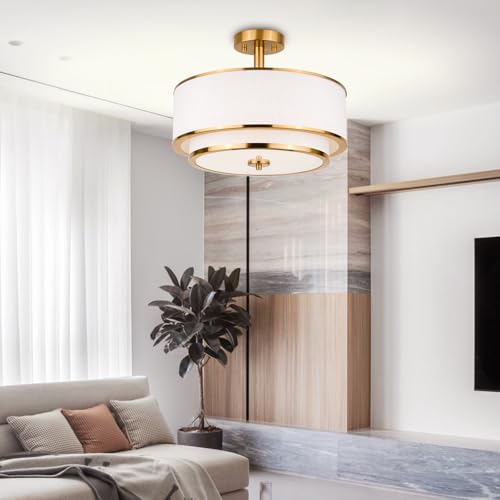 Edwarmlux Brushed Gold 3-Light Semi Flush Mount Ceiling Light with White Fabric Shade