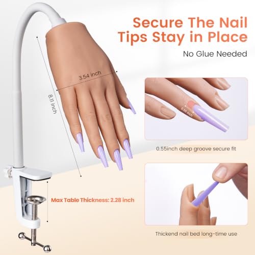 Wilfniee Practice Hand Kit for Beginners - Silicone Fake Nail Hand with Deep Nail Tips