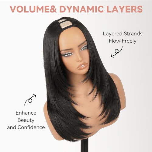 Yaki Straight V Part Wig for Black Women - Synthetic Layered Half Wig, Glueless, Heat Resistant, 14 Inch, Natural Black