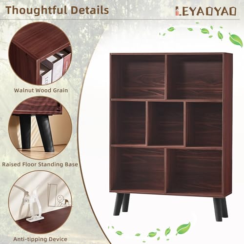 Walnut Cube Bookshelf with Legs - Mid-Century Modern 7 Cube Storage