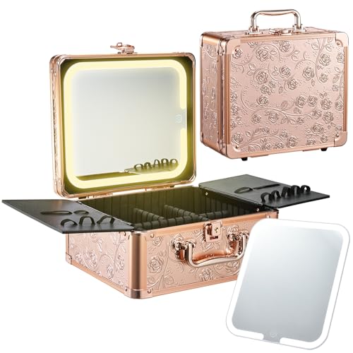 Faquenc Rose Gold Floral Makeup Bag with LED Mirror – 3-Color Lighted Travel Case