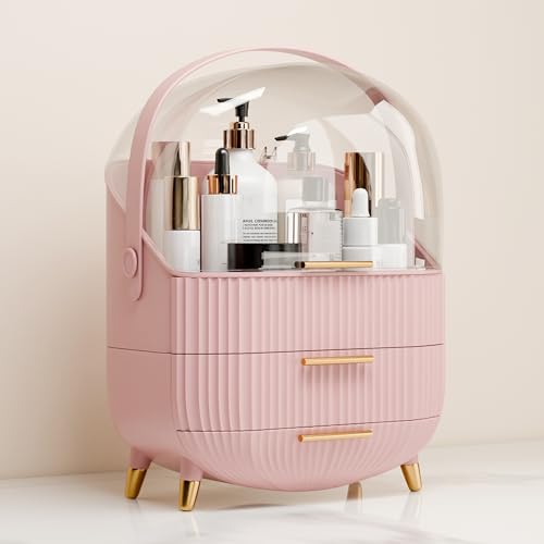 Makeup Organizer for Vanity Cosmetics Skincare Organizers with Lid and Drawers Display Cases for Countertop (Pink)