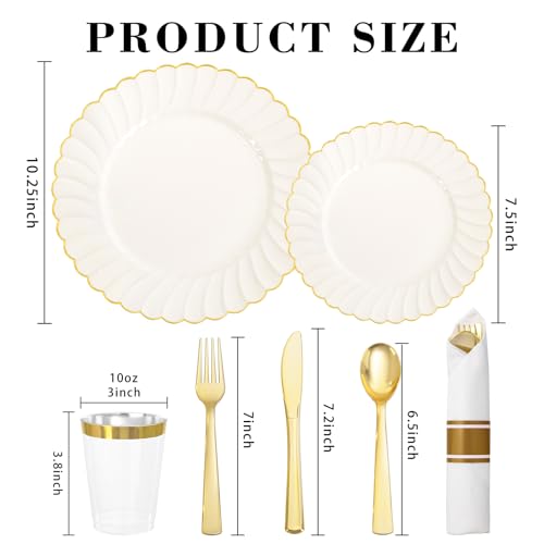 Ivory Scalloped Plastic Dinner Plates Set for Weddings - 350PCS