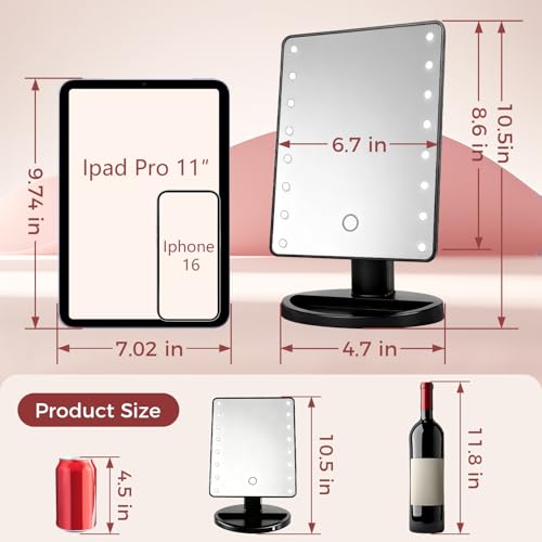 KOOKIN Lighted Makeup Mirror with Lights, Dimmable Desk Mirror - Black, Touch Control, 180° Rotation