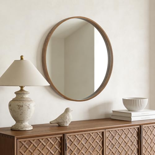 WallBeyond 28-Inch Round Wall Mirror with Wood Frame - Walnut Finish, Modern Home Decor for Bathroom Living Room Bedroom Entryway (Variation: Walnut / 28"L x 28"W)