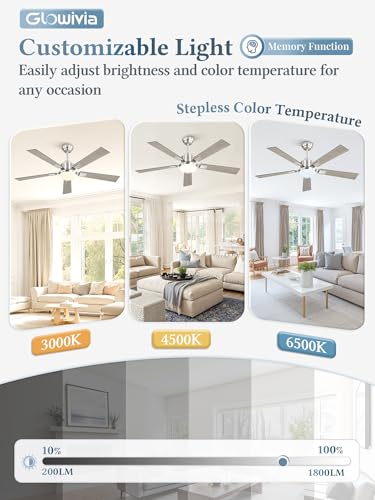 Glowivia 52-Inch Brushed Nickel Ceiling Fan with Dimmable RGB Lights & Remote - Modern 6-Speed Reversible Fan for Living Room & Bedroom, Model 1