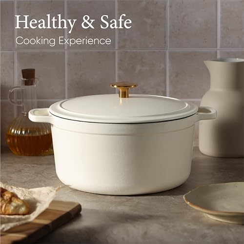Dutch Oven Pot with Lid - 5 Qt Cream White Enameled Cast Iron Cookware