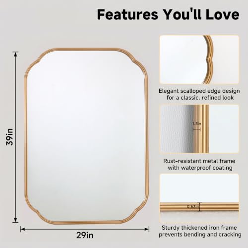 39x29 in Gold Scalloped Mirror with Rust-Proof Metal Frame for Bathroom