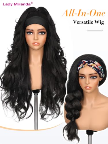 Lady Miranda Wavy Curly Headband Wig - Black, 26 Inch Layered Flip Curls