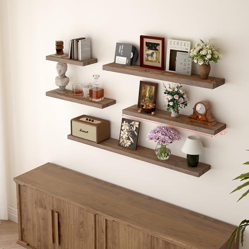 Dark Walnut 30 Inch Floating Wall Shelves Set of 2 - Rustic Wooden Wall Mount Shelves