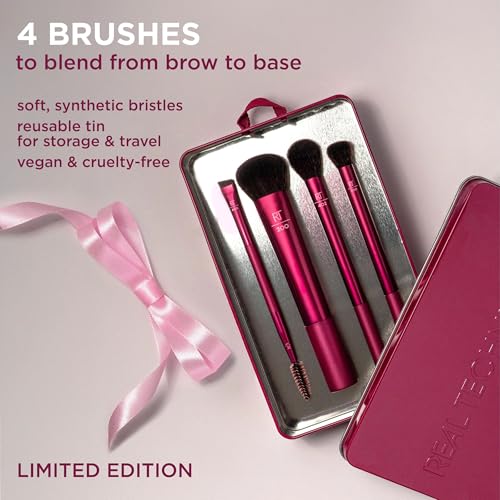 Real Techniques Blend, Set + Stash 5 Piece Holiday Makeup Brush Set with Storage Tin, Face & Eye Brushes for Foundation, Powder, Brows & Eyeshadow, Gift for Her, Cruelty-Free & Vegan