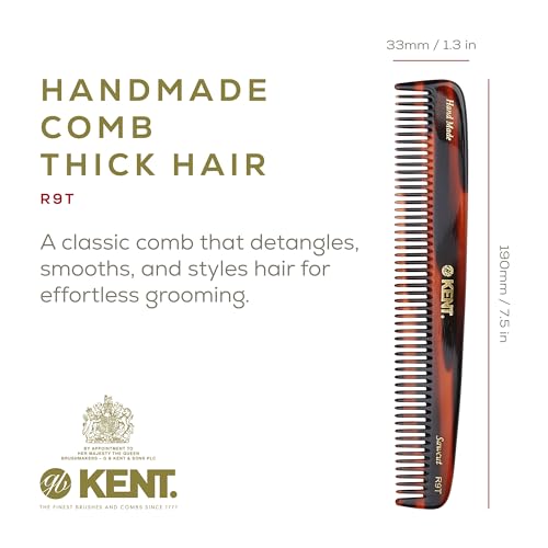 Kent R9T All Coarse Hair Detangling, Wide Teeth Dressing Table Comb for Thick Curly and Wavy Hair. Detangler Comb for Grooming and Styling, Beard and Mustache.Handmade Saw-Cut and Polished