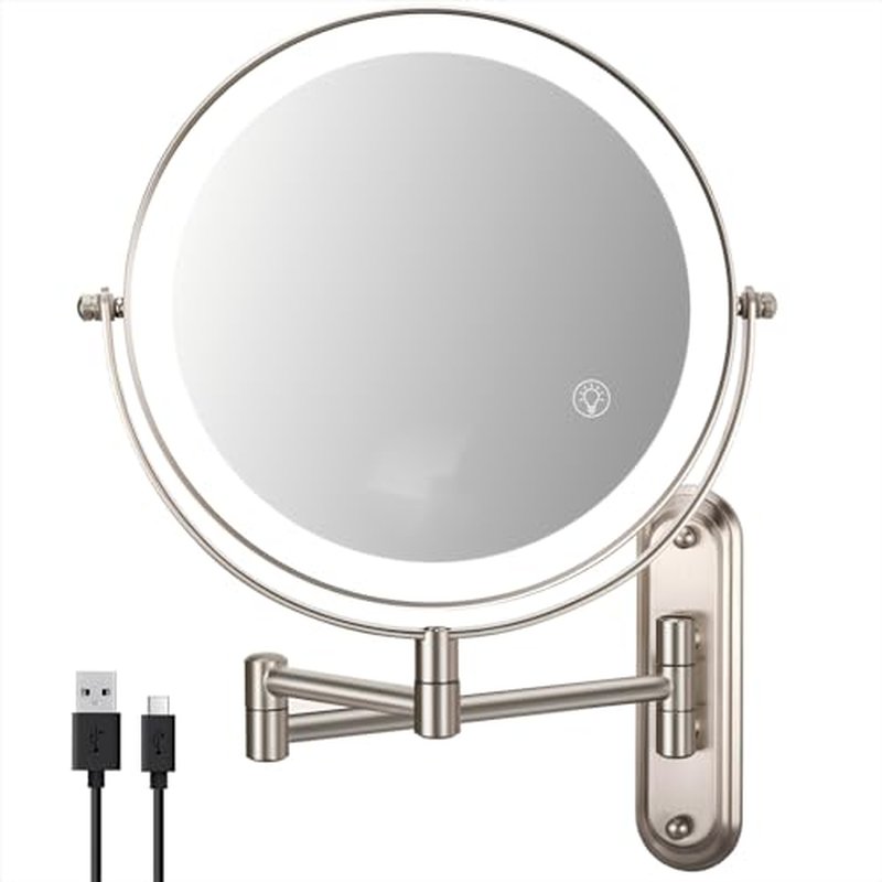 30X Wall Mounted Makeup Mirror with Lights,3 Color Modes Dimmable & Adjustable Double Side, Bathroom Vanity Makeup Mirror with 360 Rotation Extendable Swivel Arm,Magnifying Mirror - Brushed Nickel