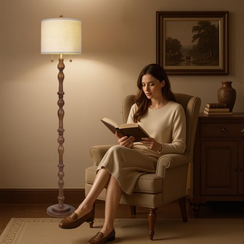 Dark Brown Natural Wood Floor Lamp with Linen Shade & Dual Pull Chain Switch
