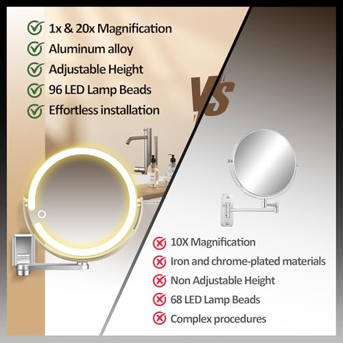 MOMOKUBA Silver Wall Mounted Makeup Mirror with Lights, 20X/1X Double-Sided, Height Adjustable